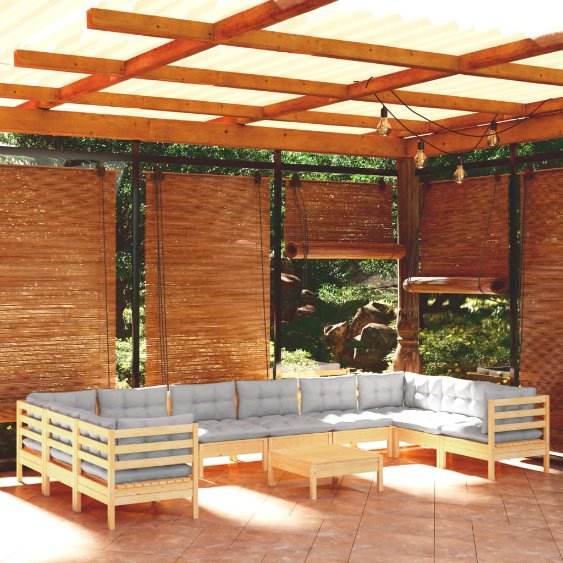 vidaXL 11-tlg. Garten-Lounge-Set mit Grauen Kissen Kiefernholz