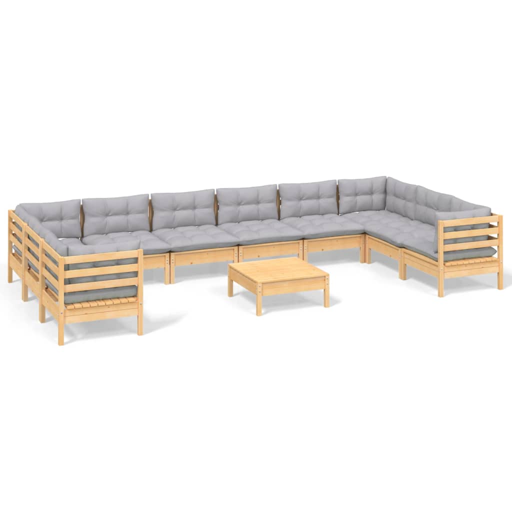 vidaXL 11-tlg. Garten-Lounge-Set mit Grauen Kissen Kiefernholz