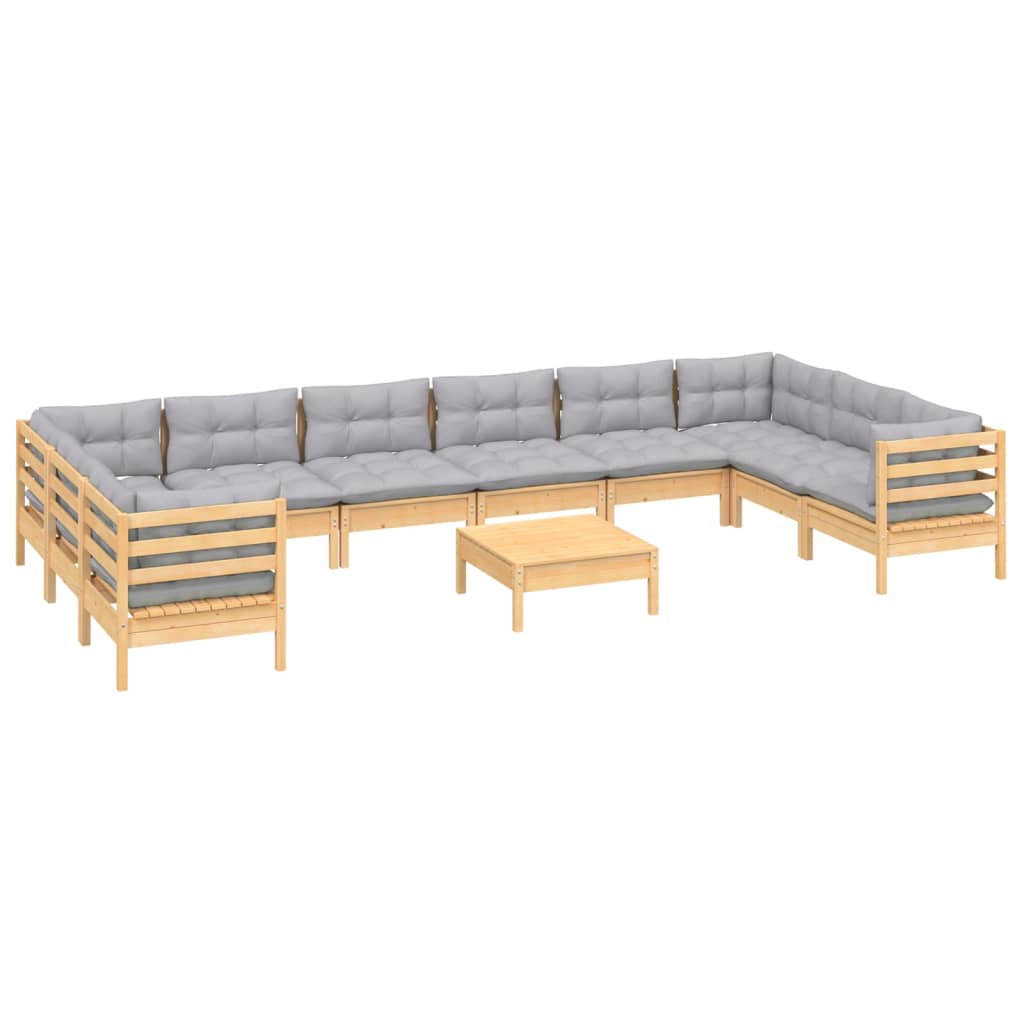 vidaXL 11-tlg. Garten-Lounge-Set mit Grauen Kissen Kiefernholz