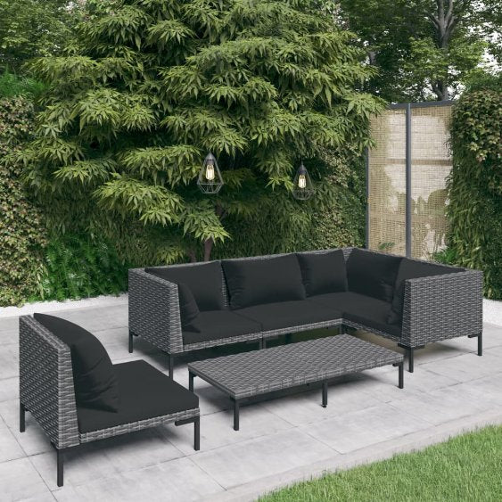 vidaXL 5-tlg. Garten-Lounge-Set mit Kissen Poly Rattan Dunkelgrau