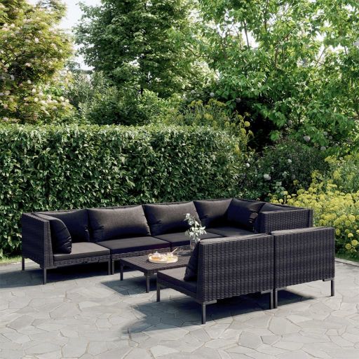vidaXL 7-tlg. Garten-Lounge-Set mit Kissen Poly Rattan Dunkelgrau