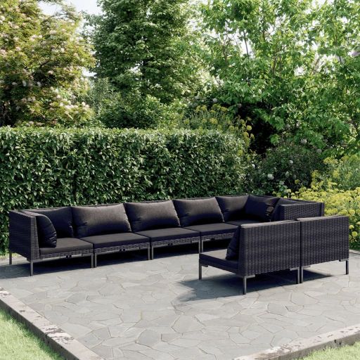 vidaXL 7-tlg. Garten-Lounge-Set mit Kissen Poly Rattan Dunkelgrau