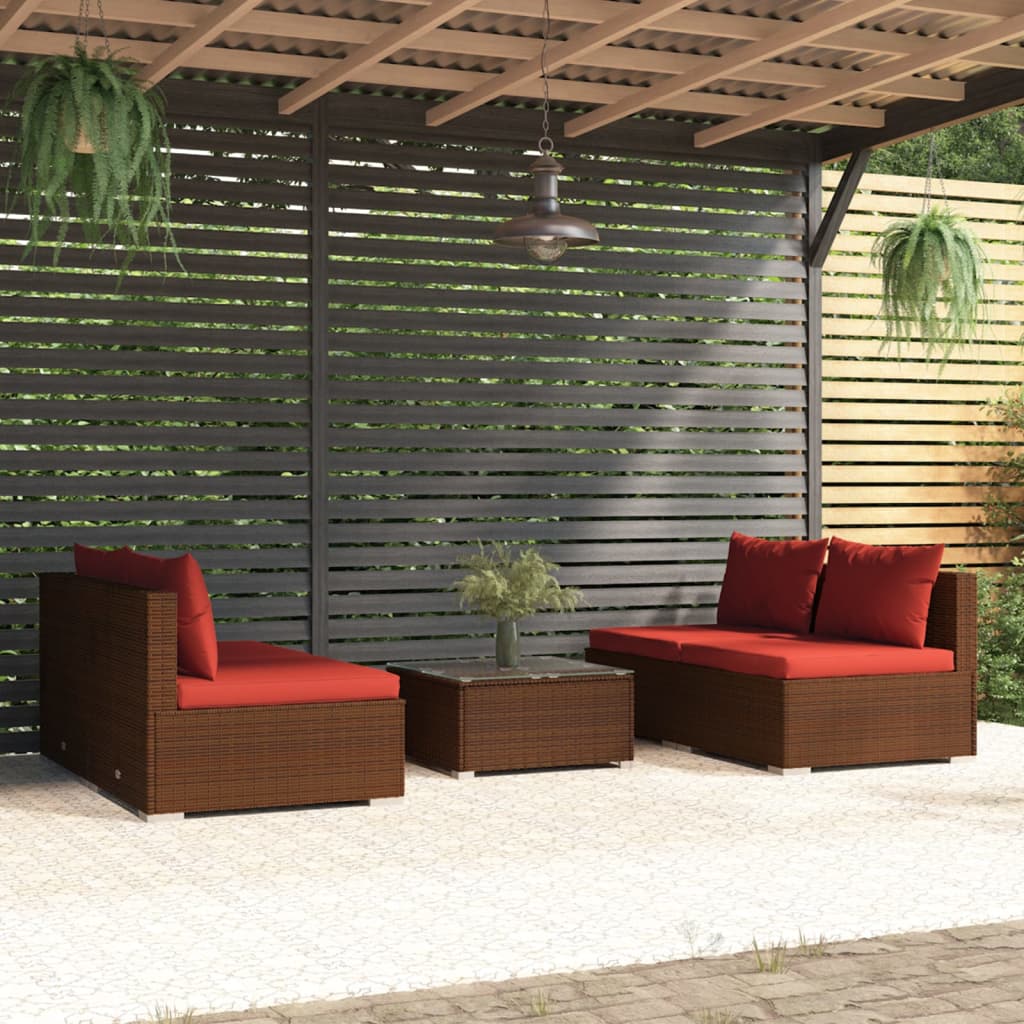 vidaXL 5-tlg. Garten-Lounge-Set mit Kissen Poly Rattan Braun