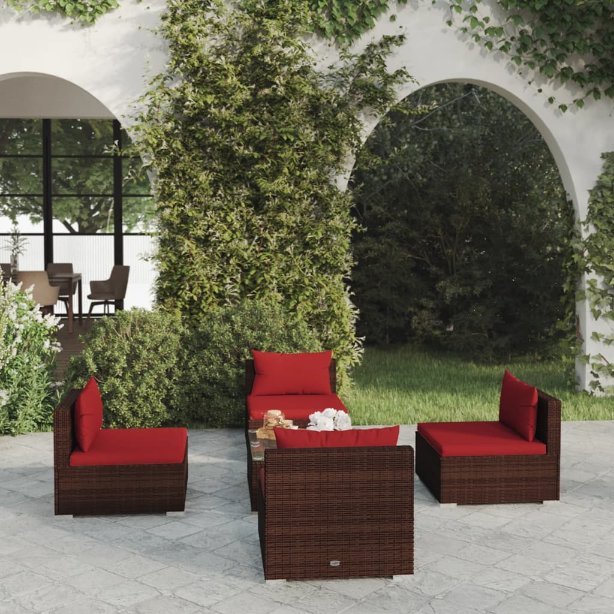 vidaXL 5-tlg. Garten-Lounge-Set mit Kissen Poly Rattan Braun