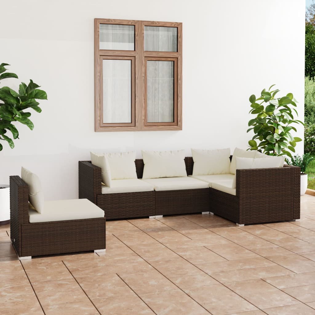 vidaXL 5-tlg. Garten-Lounge-Set mit Kissen Poly Rattan Schwarz