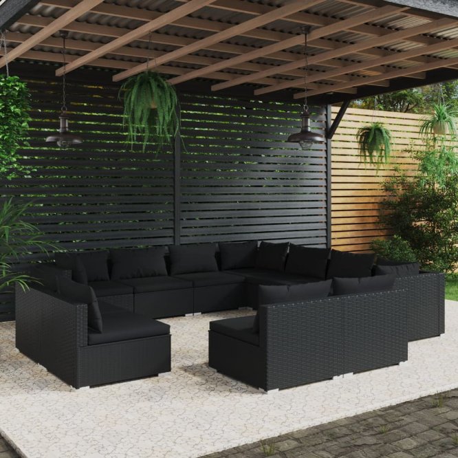 vidaXL 11-tlg. Garten-Lounge-Set mit Kissen Schwarz Poly Rattan