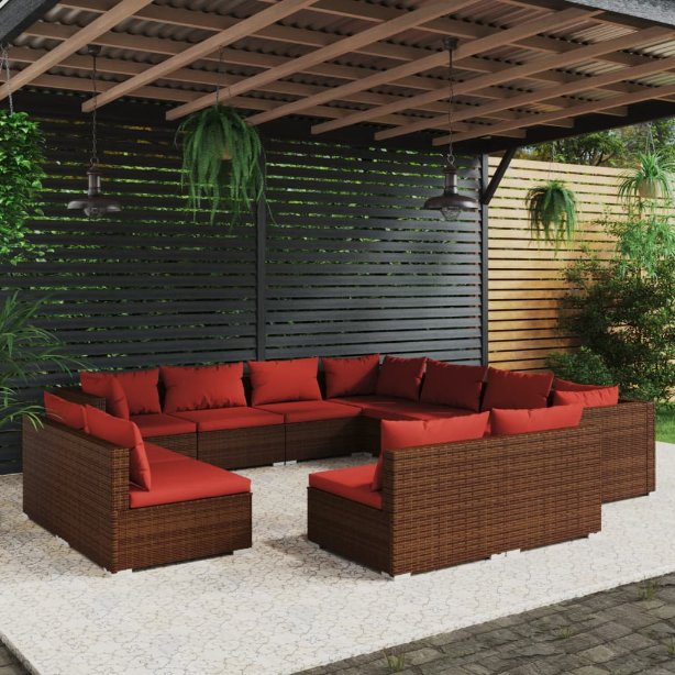 vidaXL 11-tlg. Garten-Lounge-Set mit Kissen Schwarz Poly Rattan