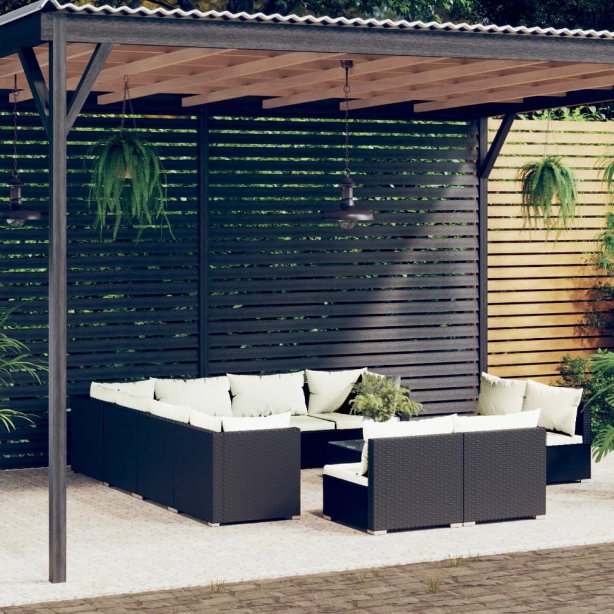 vidaXL 11-tlg. Garten-Lounge-Set mit Kissen Schwarz Poly Rattan