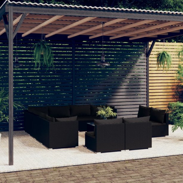 vidaXL 11-tlg. Garten-Lounge-Set mit Kissen Schwarz Poly Rattan