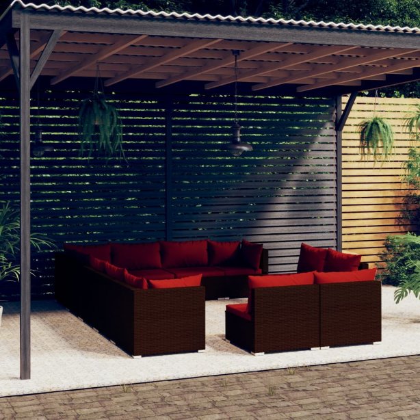 vidaXL 11-tlg. Garten-Lounge-Set mit Kissen Schwarz Poly Rattan