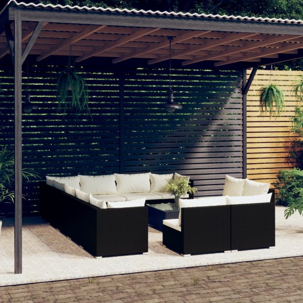 vidaXL 11-tlg. Garten-Lounge-Set mit Kissen Schwarz Poly Rattan