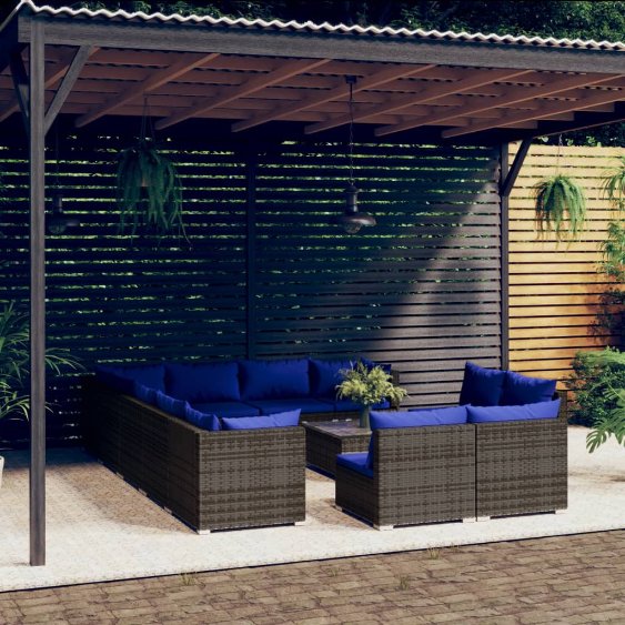 vidaXL 11-tlg. Garten-Lounge-Set mit Kissen Schwarz Poly Rattan