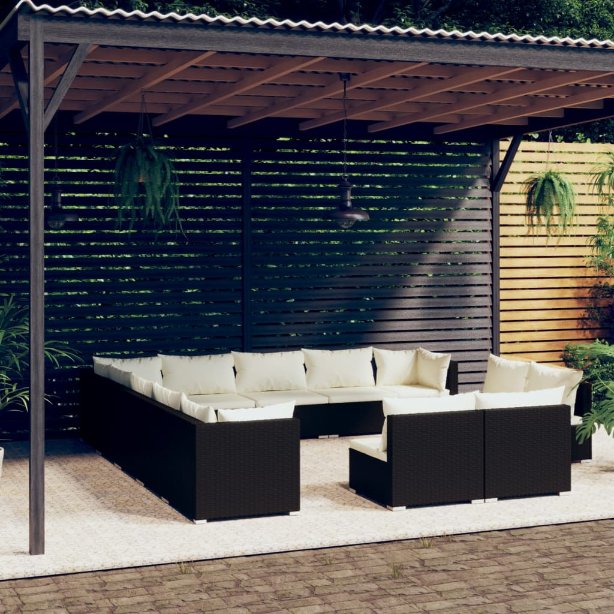 vidaXL 11-tlg. Garten-Lounge-Set mit Kissen Schwarz Poly Rattan