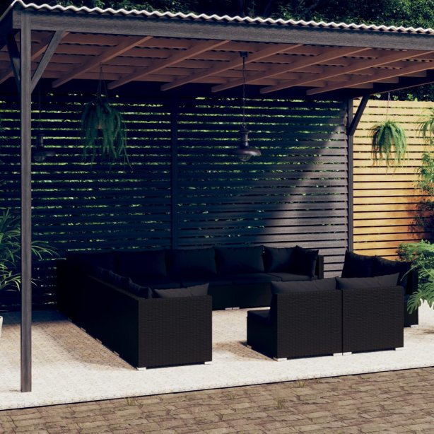 vidaXL 11-tlg. Garten-Lounge-Set mit Kissen Schwarz Poly Rattan