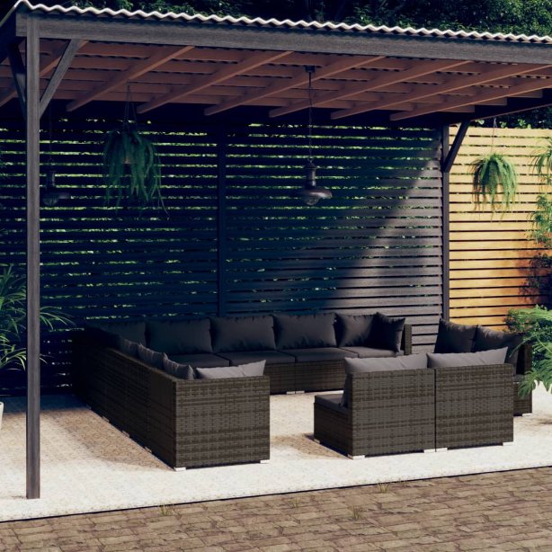 vidaXL 11-tlg. Garten-Lounge-Set mit Kissen Schwarz Poly Rattan