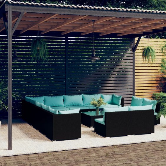 vidaXL 11-tlg. Garten-Lounge-Set mit Kissen Schwarz Poly Rattan
