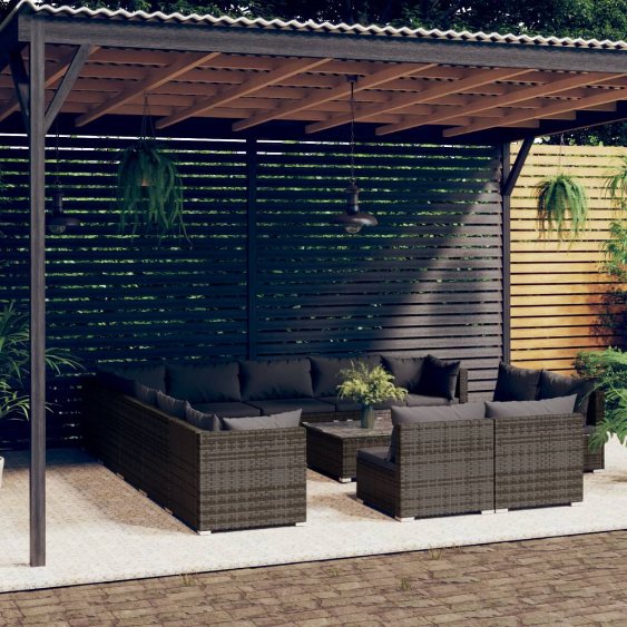 vidaXL 11-tlg. Garten-Lounge-Set mit Kissen Schwarz Poly Rattan