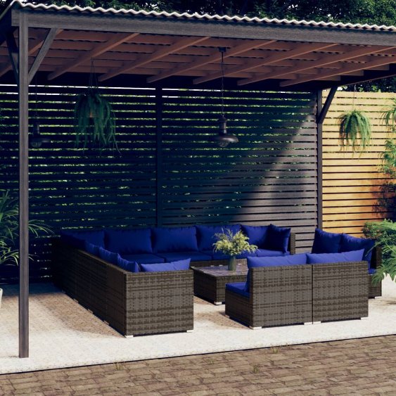vidaXL 11-tlg. Garten-Lounge-Set mit Kissen Schwarz Poly Rattan
