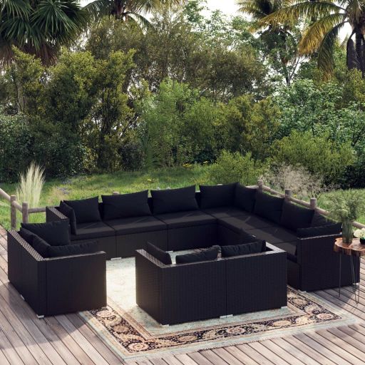 vidaXL 11-tlg. Garten-Lounge-Set mit Kissen Schwarz Poly Rattan