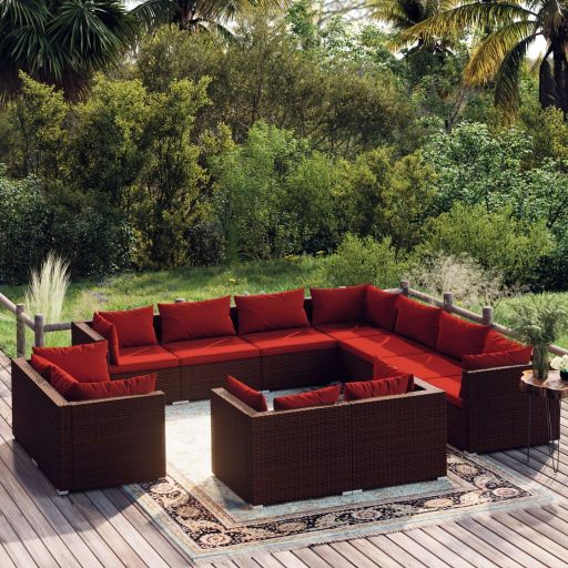 vidaXL 11-tlg. Garten-Lounge-Set mit Kissen Schwarz Poly Rattan