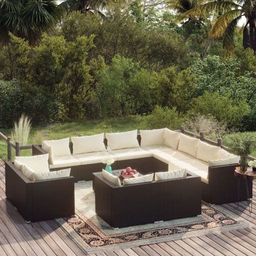 vidaXL 11-tlg. Garten-Lounge-Set mit Kissen Schwarz Poly Rattan