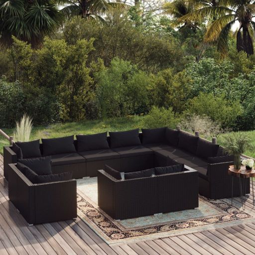 vidaXL 11-tlg. Garten-Lounge-Set mit Kissen Schwarz Poly Rattan