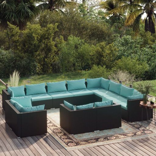 vidaXL 11-tlg. Garten-Lounge-Set mit Kissen Schwarz Poly Rattan
