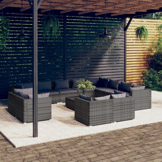 vidaXL 11-tlg. Garten-Lounge-Set mit Kissen Schwarz Poly Rattan