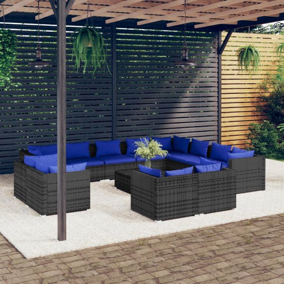 vidaXL 11-tlg. Garten-Lounge-Set mit Kissen Schwarz Poly Rattan