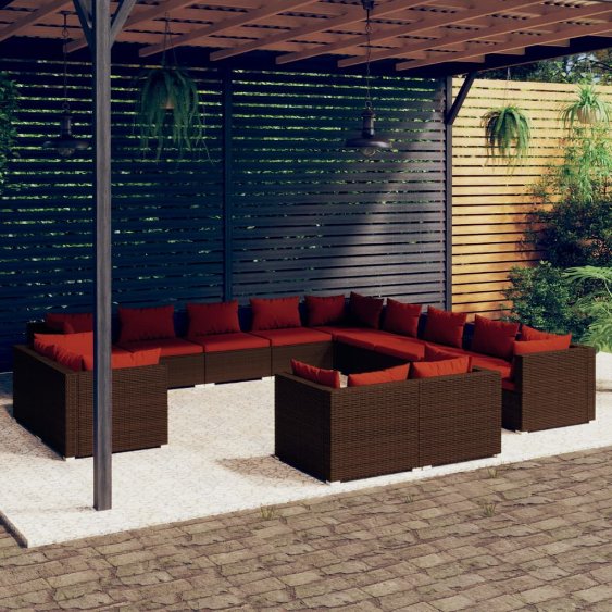 vidaXL 11-tlg. Garten-Lounge-Set mit Kissen Schwarz Poly Rattan