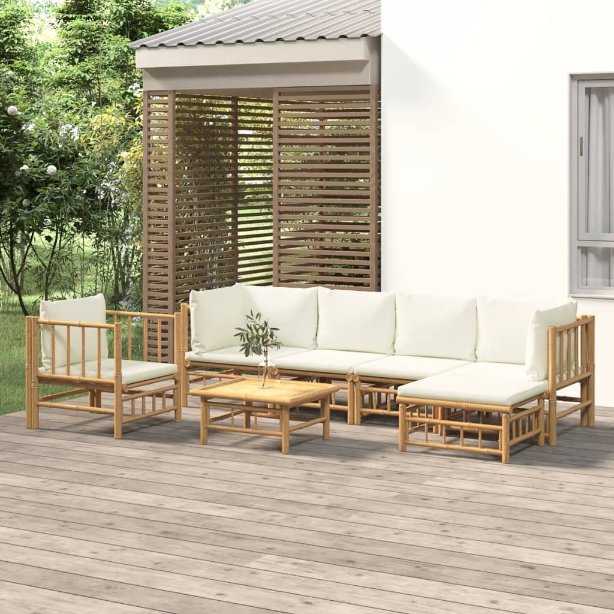 vidaXL 6-tlg. Garten-Lounge-Set mit Cremeweißen Kissen Bambus