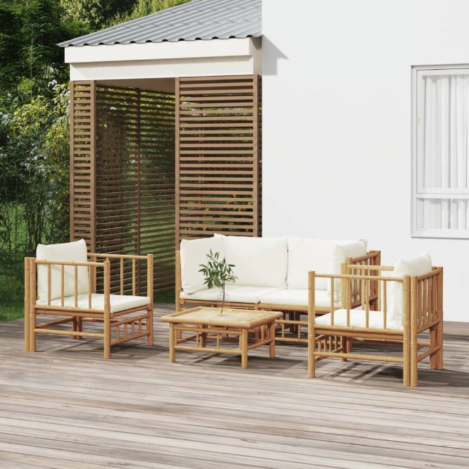 vidaXL 6-tlg. Garten-Lounge-Set mit Cremeweißen Kissen Bambus