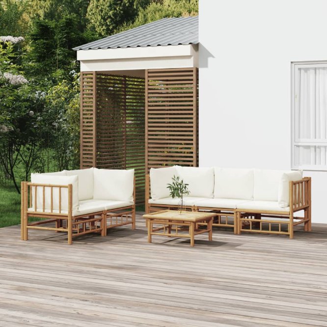 vidaXL 6-tlg. Garten-Lounge-Set mit Cremeweißen Kissen Bambus