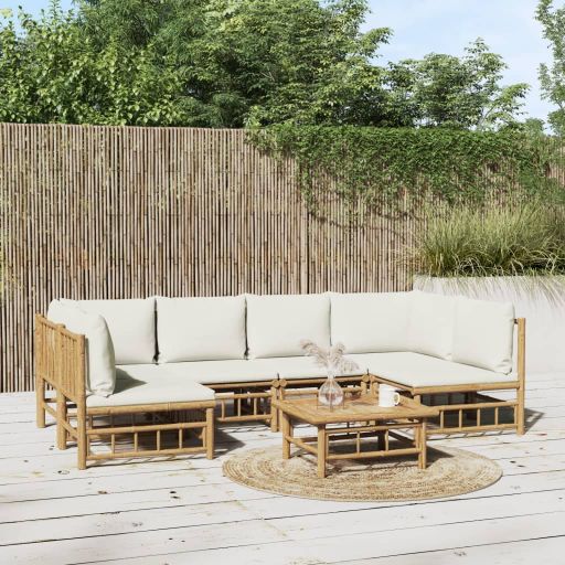 vidaXL 6-tlg. Garten-Lounge-Set mit Cremeweißen Kissen Bambus