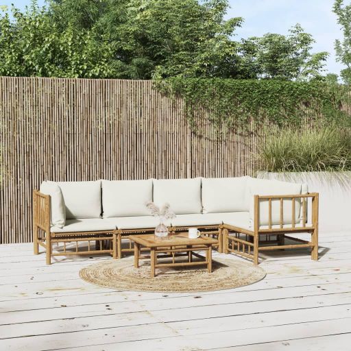 vidaXL 6-tlg. Garten-Lounge-Set mit Cremeweißen Kissen Bambus