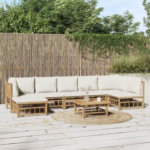 vidaXL 6-tlg. Garten-Lounge-Set mit Cremeweißen Kissen Bambus