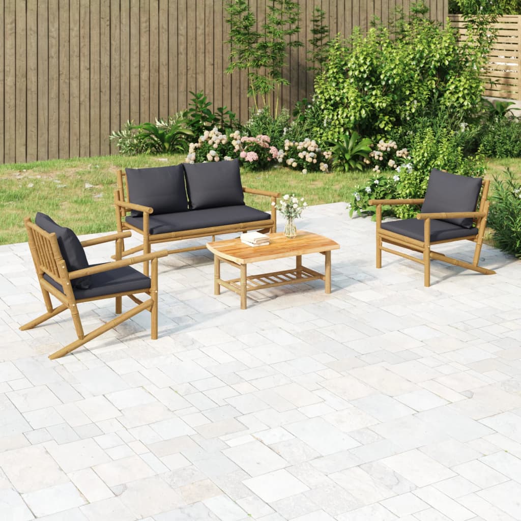 vidaXL 4-tlg. Garten-Lounge-Set mit Dunkelgrauen Kissen Bambus