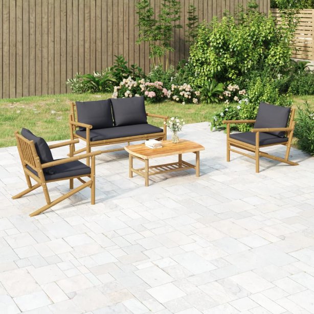 vidaXL 4-tlg. Garten-Lounge-Set mit Dunkelgrauen Kissen Bambus