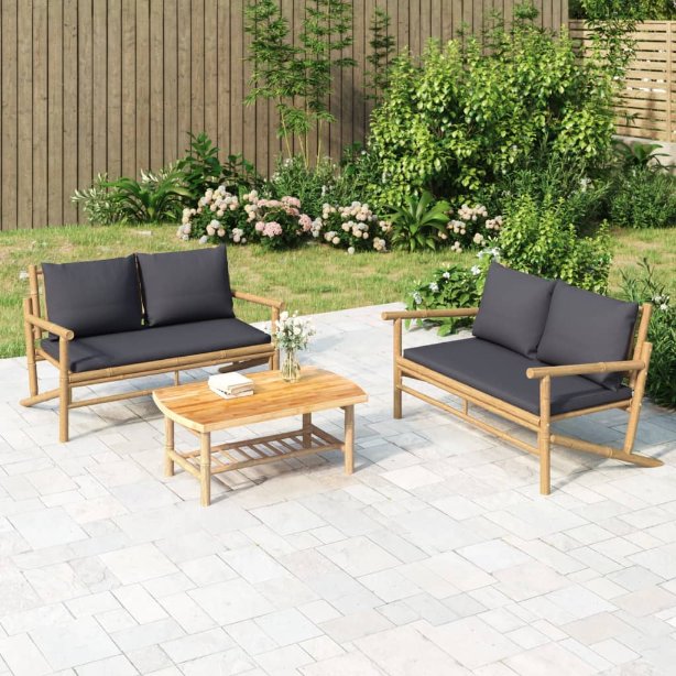 vidaXL 4-tlg. Garten-Lounge-Set mit Dunkelgrauen Kissen Bambus