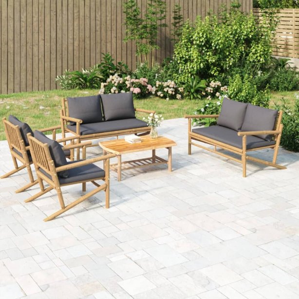 vidaXL 4-tlg. Garten-Lounge-Set mit Dunkelgrauen Kissen Bambus