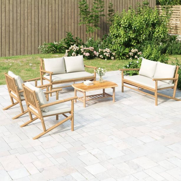 vidaXL 4-tlg. Garten-Lounge-Set mit Dunkelgrauen Kissen Bambus