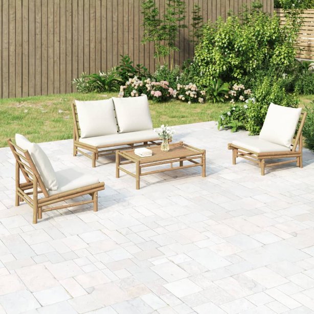 vidaXL 4-tlg. Garten-Lounge-Set mit Dunkelgrauen Kissen Bambus