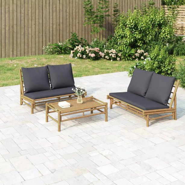 vidaXL 4-tlg. Garten-Lounge-Set mit Dunkelgrauen Kissen Bambus