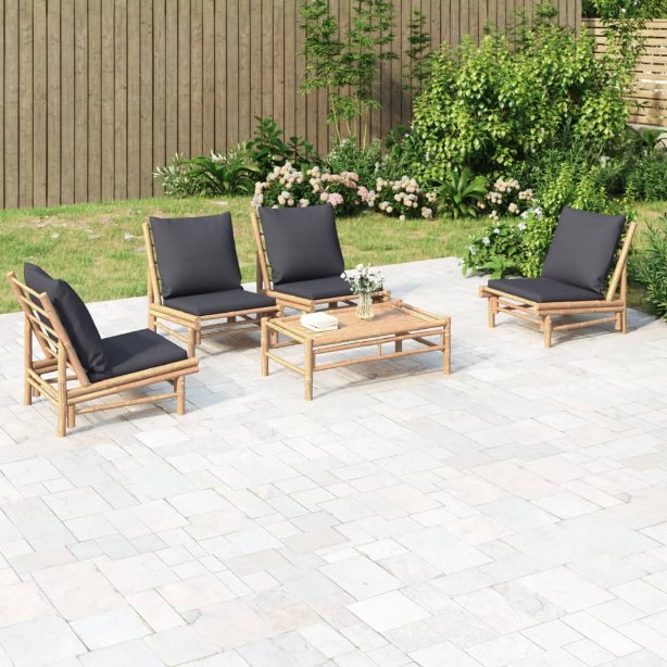 vidaXL 4-tlg. Garten-Lounge-Set mit Dunkelgrauen Kissen Bambus