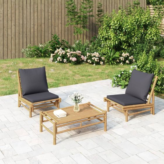 vidaXL 4-tlg. Garten-Lounge-Set mit Dunkelgrauen Kissen Bambus