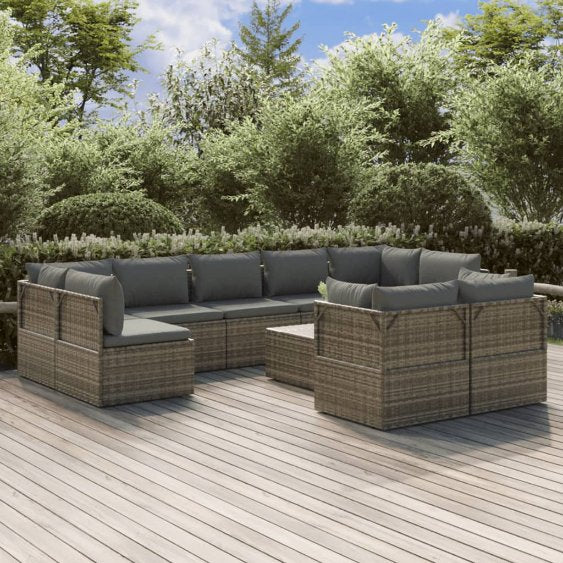 vidaXL 10-tlg. Garten-Lounge-Set mit Kissen Grau Poly Rattan