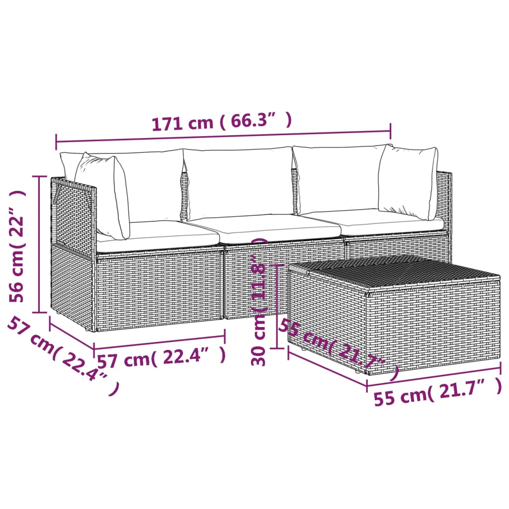 vidaXL 4-tlg. Garten-Lounge-Set mit Kissen Grau Poly Rattan