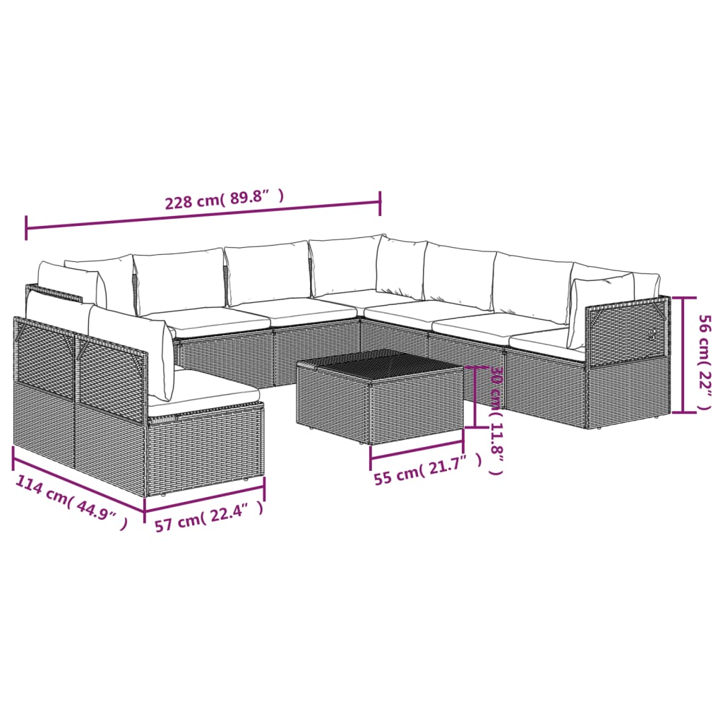 vidaXL 10-tlg. Garten-Lounge-Set mit Kissen Grau Poly Rattan