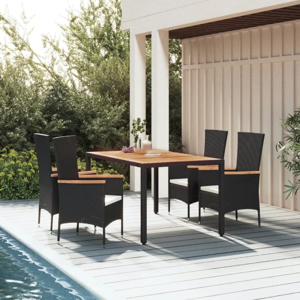 vidaXL 3-tlg. Garten-Essgruppe mit Kissen Schwarz Poly Rattan