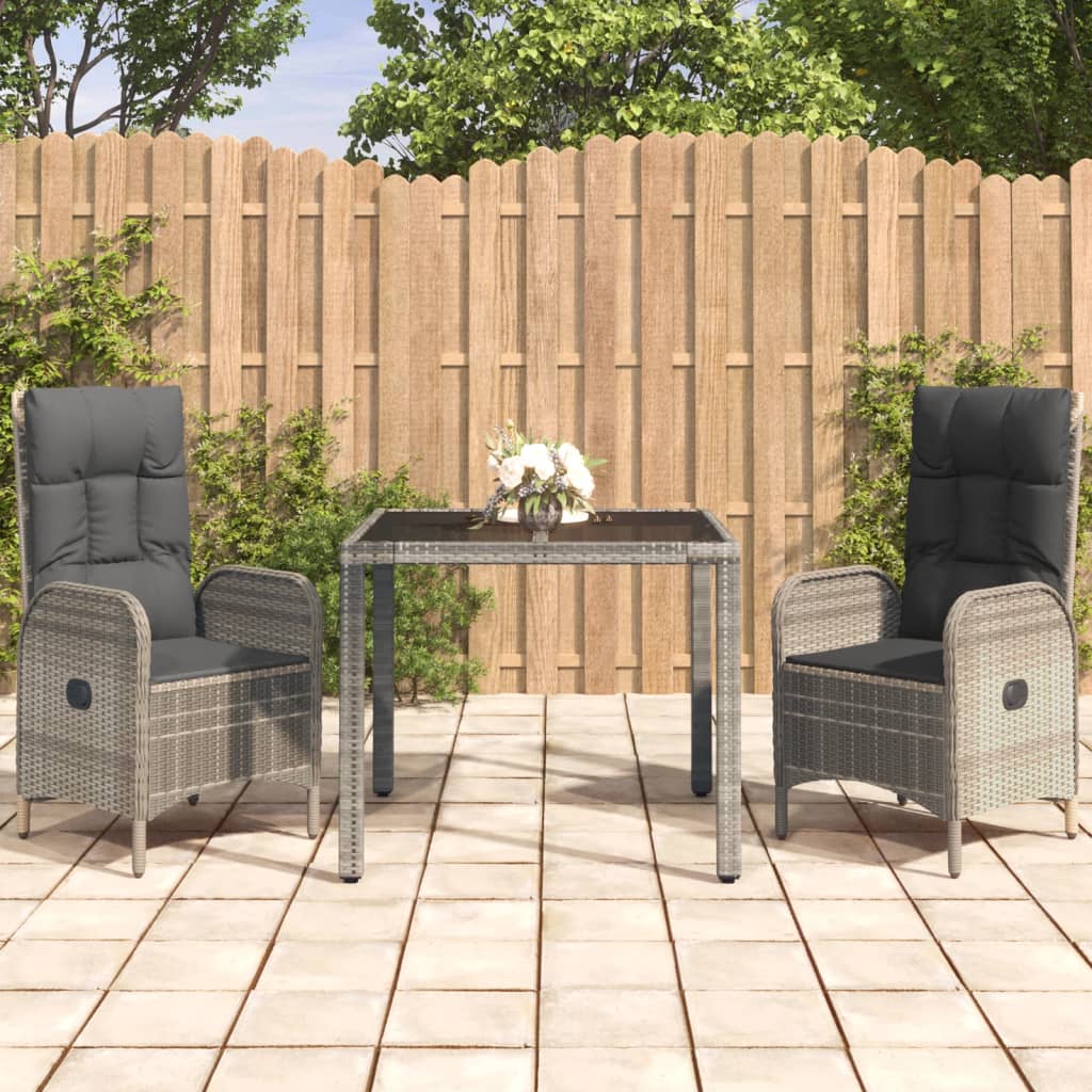 vidaXL 3-tlg. Garten-Essgruppe mit Kissen Grau Poly Rattan